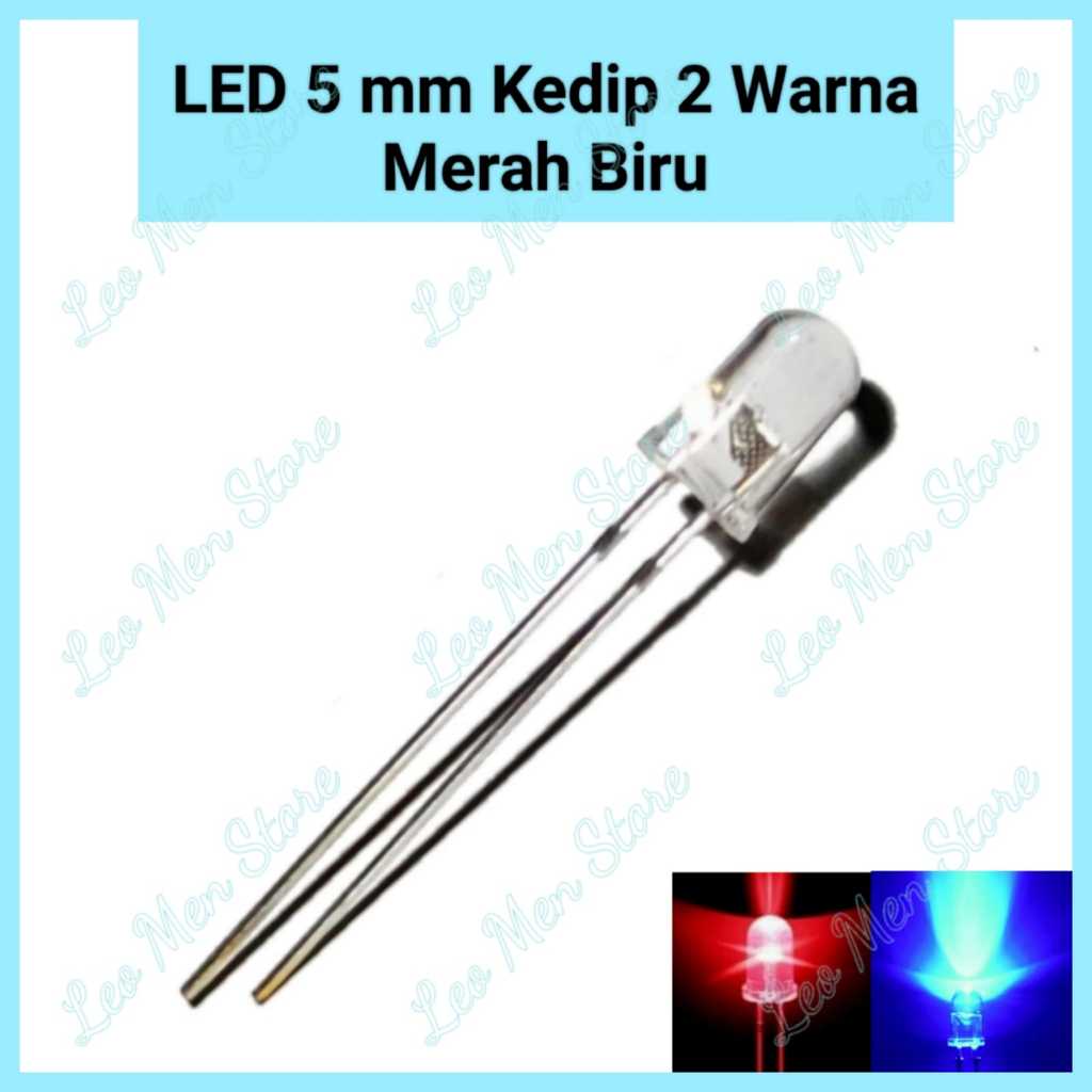 Lampu LED 5 mm Bening 2 warna Merah Biru~Lampu LED 5 mm 2 warna Cahaya Merah Biru~Flash Kedip