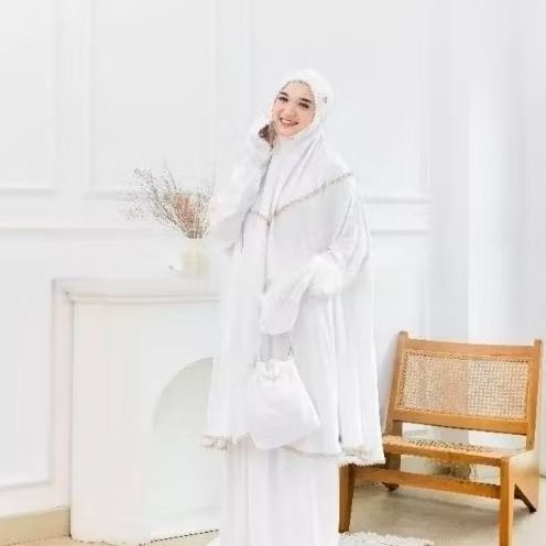 mukena stelan berlengan rayon twill renda cantikbbersaku berdagu jumbo