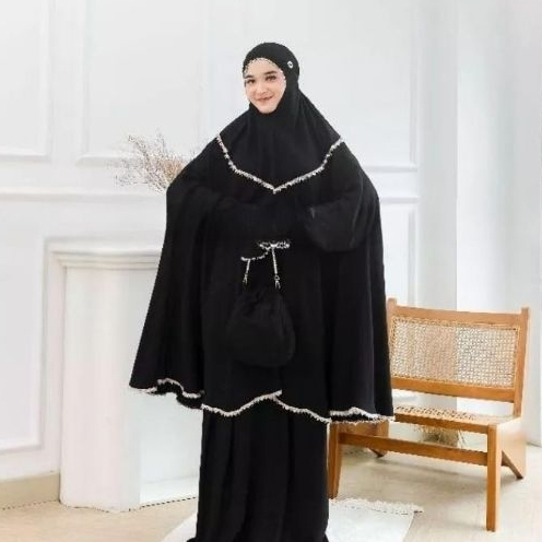 mukena stelan berlengan rayon twill renda cantik bersaku berdagu jumbo