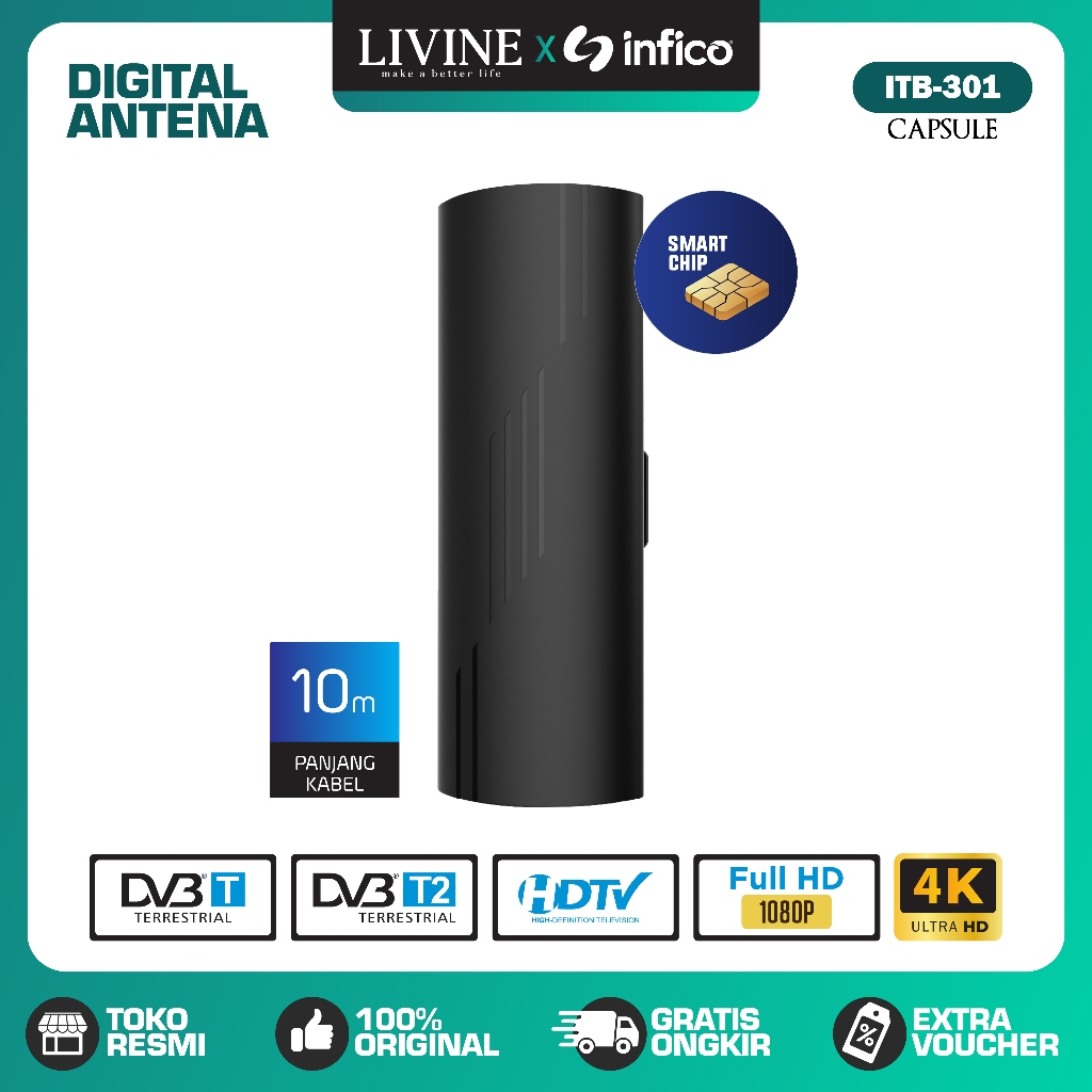 Infico Antena TV Digital Indoor & Outdoor Smart Chip Full HD 4K ITB-301