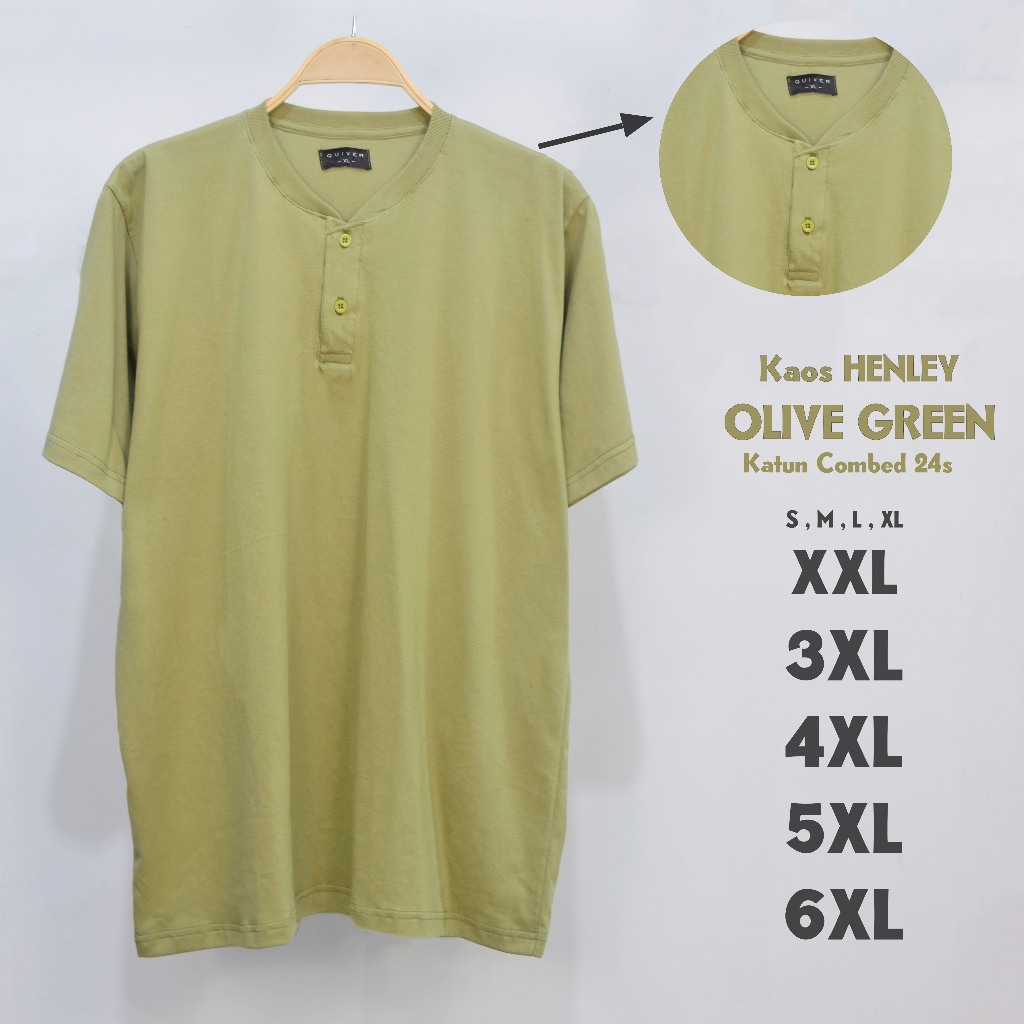 Kaos Polos Henley Kancing Jumbo Pria Olive Green 24s Big Size S M L XL XXL 3XL 4XL 5XL 6XL