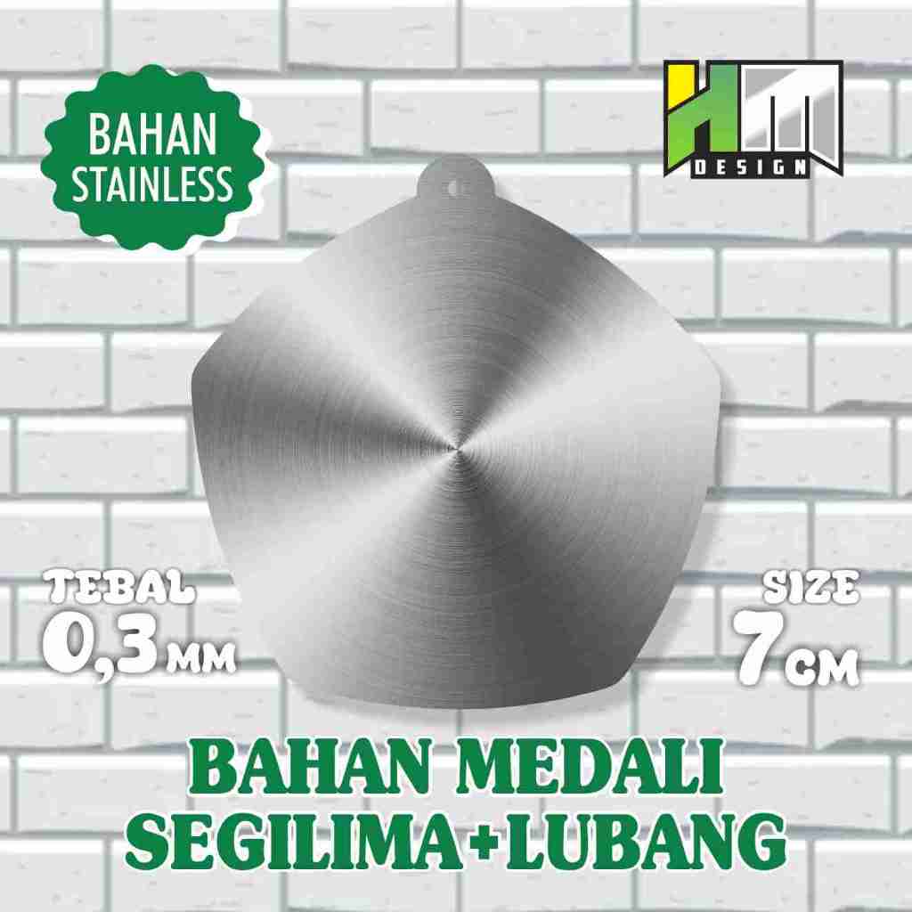 

BAHAN MEDALI STAINLESS SEGILIMA PLUS LUBANG , PLAT MEDALI STAINLES SEGILIMA 7 CM TEBAL 0.3MM