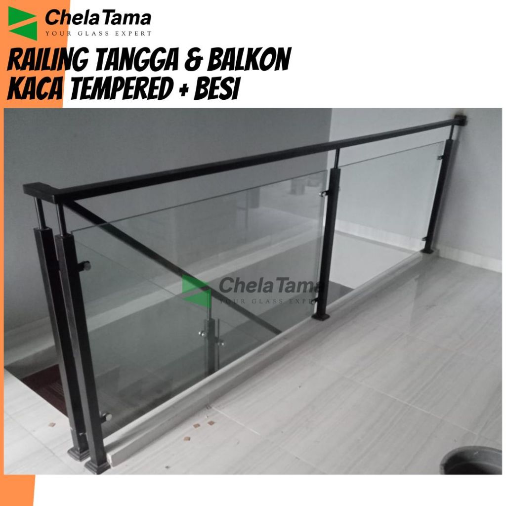 Railing Tangga dan Balkon Kaca Tempered Tiang Besi