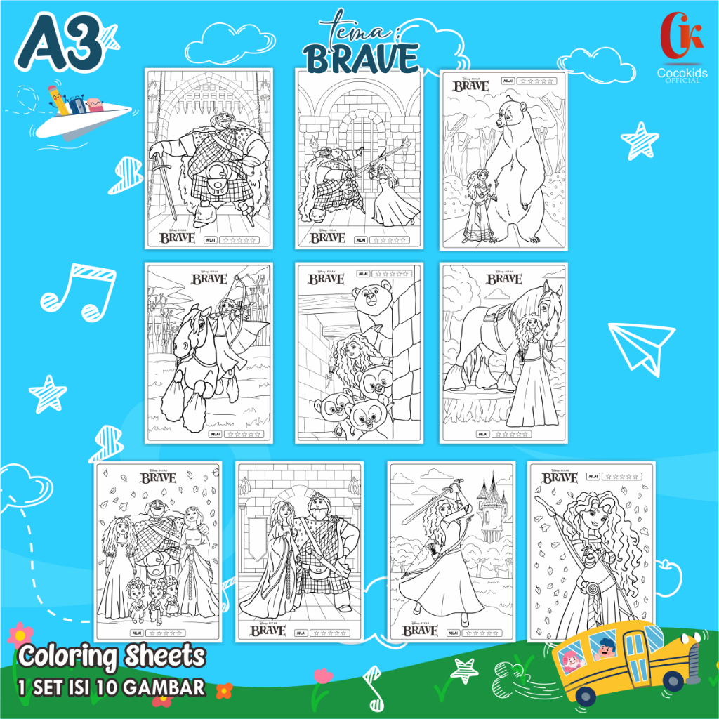 

(BRAVE 01) KERTAS MEWARNAI ANAK A3 - COLORING SHEETS SERIES 1 - LEMBAR MEWARNAI ANAK PAUD/TK/SD
