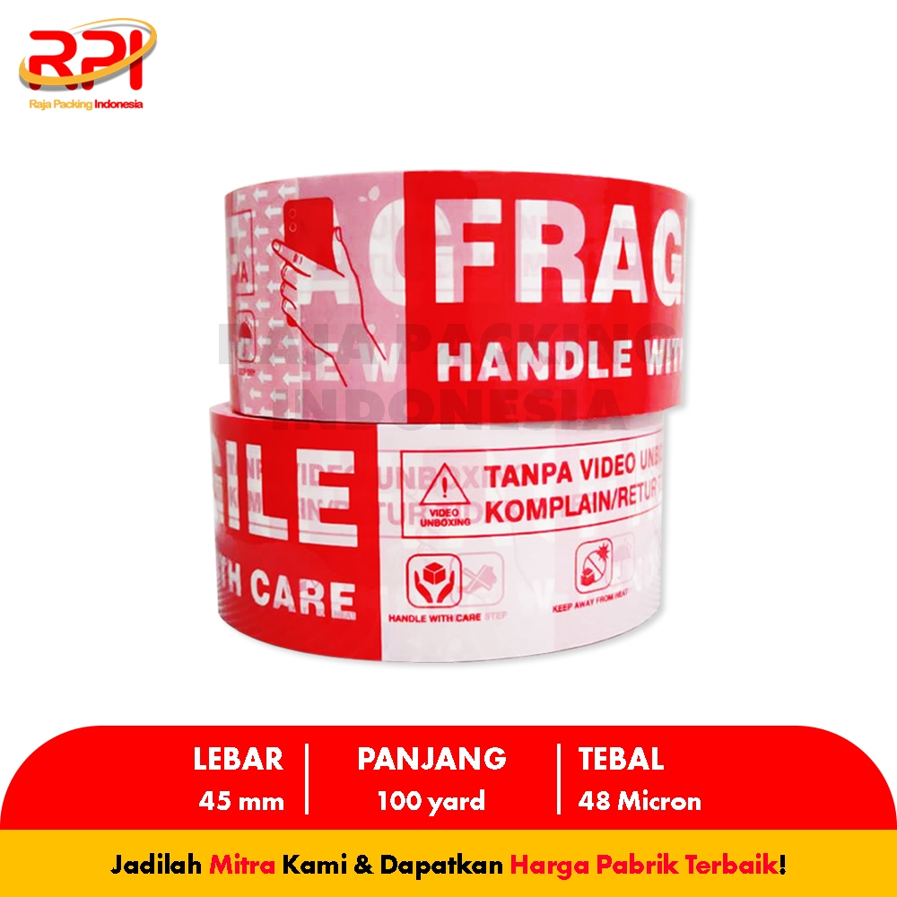 

Lakban Unboxing Fragile 100 Yard x 45 Mm x 48 Mic Sticky N Strong (SNS) RAJA PACKING INDONESIA