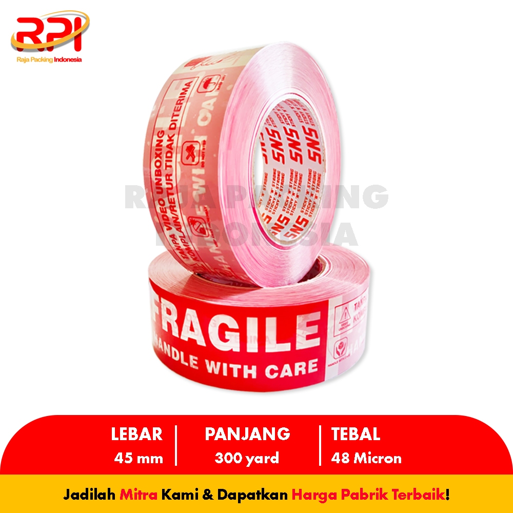 

Lakban Unboxing Fragile 300 Yard x 45 Mm x 48 Mic Sticky N Strong (SNS) RAJA PACKING INDONESIA