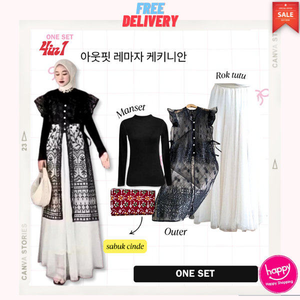 One Set Fiona Tunik Long Vest Set Dengan Outer Bruklat + Rok Tutu + Manset + Sabuk Obi Jumputan