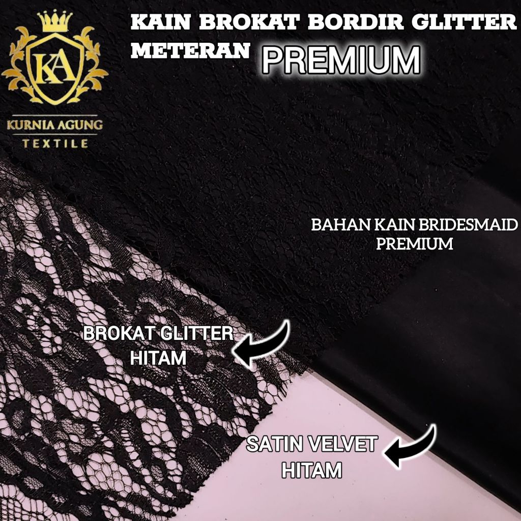 1/2 meter Kain Brokat Tile Prancis Brokat Bordir Lace Glitter warna HITAM / BLACK Motif Bunga Premiu