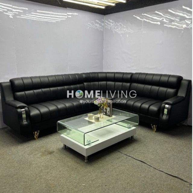 HOMELIVING - SOFA SUDUT KULIT MINIMALIS - SOFA KULIT HITAM - SOFA SET MEJA TAMU - MEJA TAMU MINIMALI