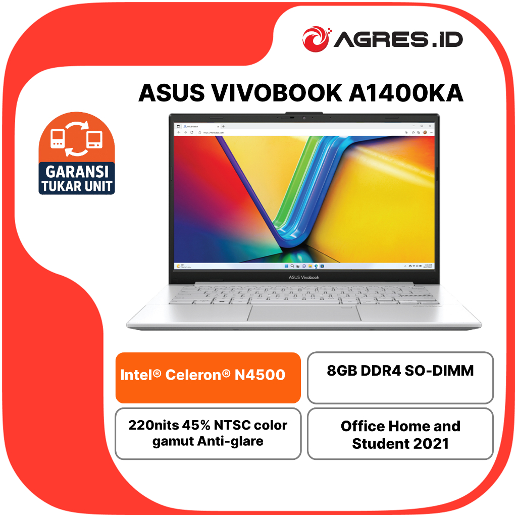 ASUS VIVOBOOK 14 A1400KA N4500 8GB 512GB W11+OHS 14.0FHD BLK -FHD423 GARANSI RESMI INDONESIA