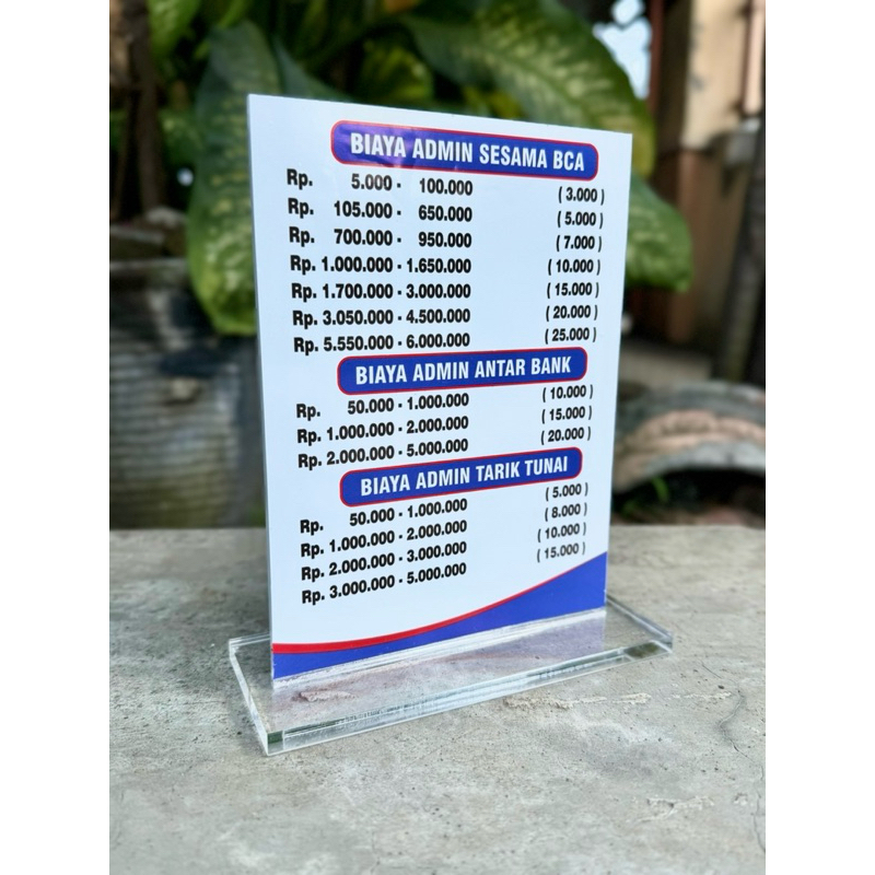 

BISA CUSTOM EDIT BIAYA TARIF LAYANAN AGEN BANK AKRILIK MEJA UKURAN 15x20cm BAHAN SUPER TEBAL