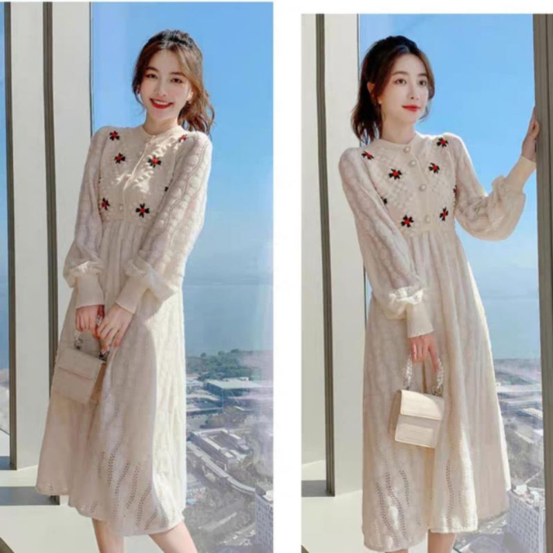 85000 Baju mididress SHERYA EMBROIDERED LONG SLEEVE KNITTED DRESS putih Lace Bordir bunga Korean sty