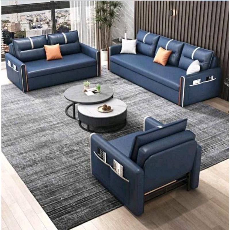 sofa tamu modern minimalis kulit premium desain elegant dengan kantong penyimpanan