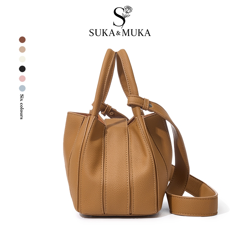 Tas Bahu Dua Lapisan Tas Ember Kulit Asli Berkualitas Tas Wanita Baru Fashion Tas Ember Lipit asu