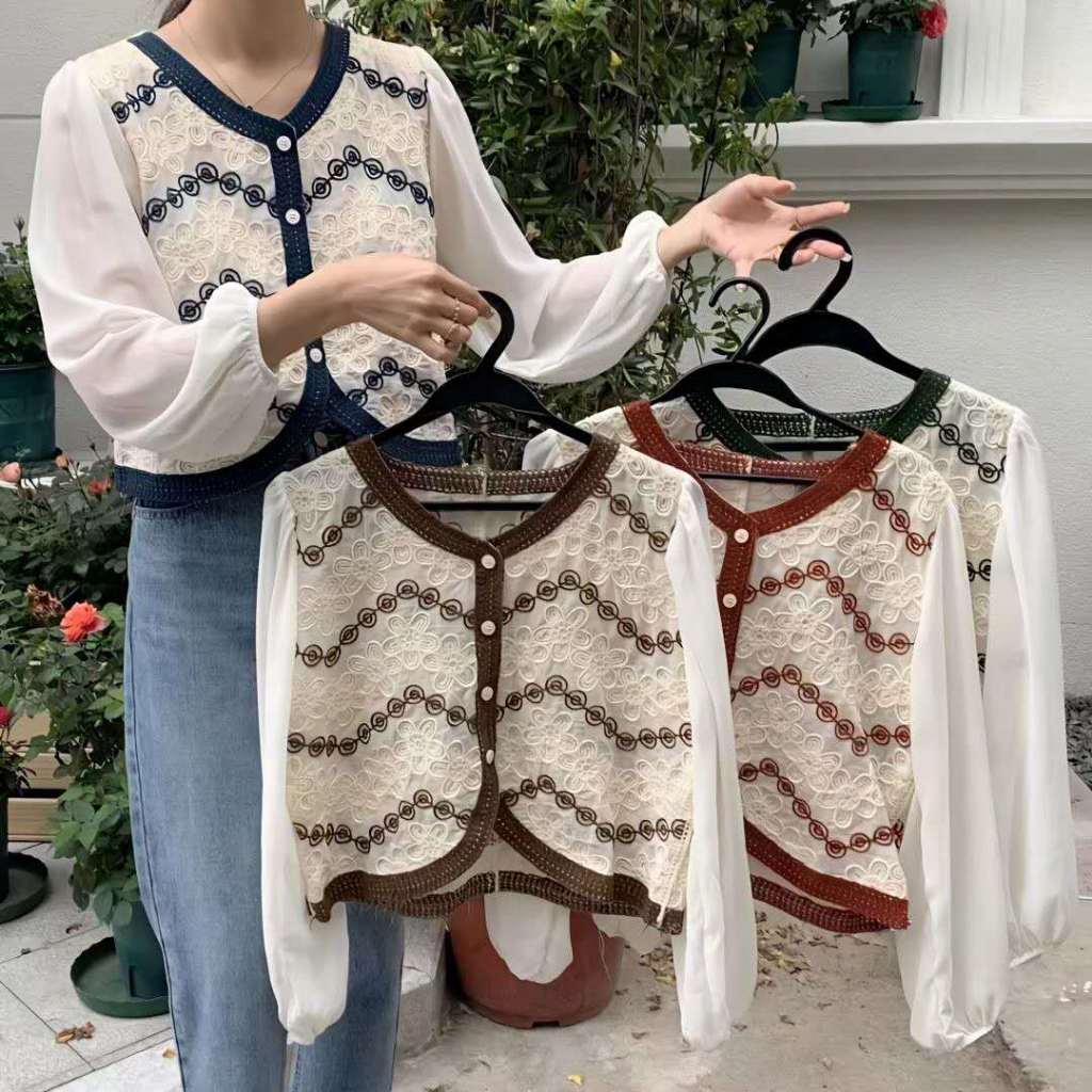 Atasan Bordir Motif gelombang Bunga2 Blouse Wanita Lengan Sifon Korea