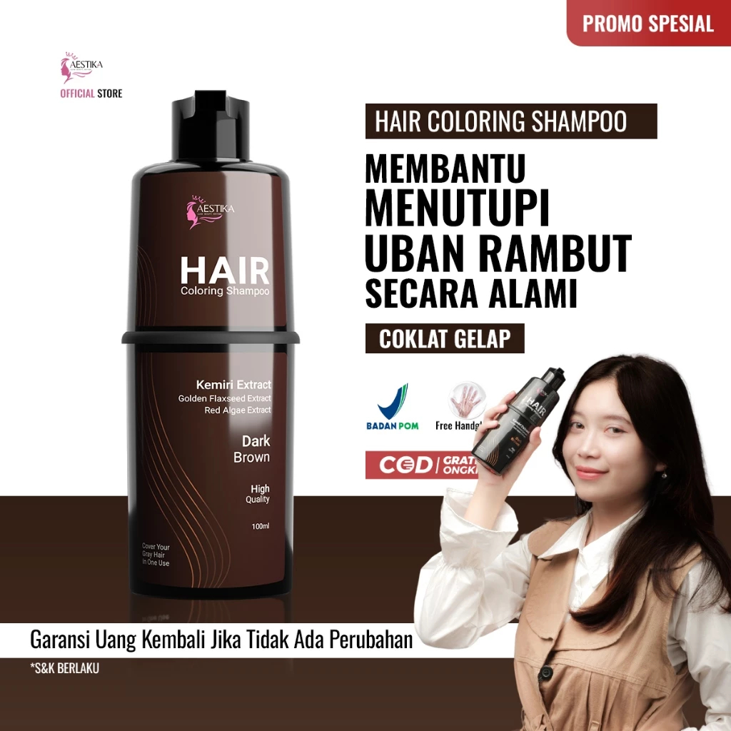 Aestika Dark Brown - Shampo Penghilang Uban, Shampo Pewarna Rambut Coklat Gelap. Original BPOM