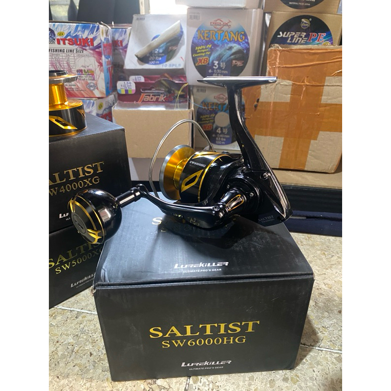 Reel Laut Lurekiller Saltist SW Hg dan Xg 4000 5000 6000 Double Spool Drag 35Kg Hitam List Gold