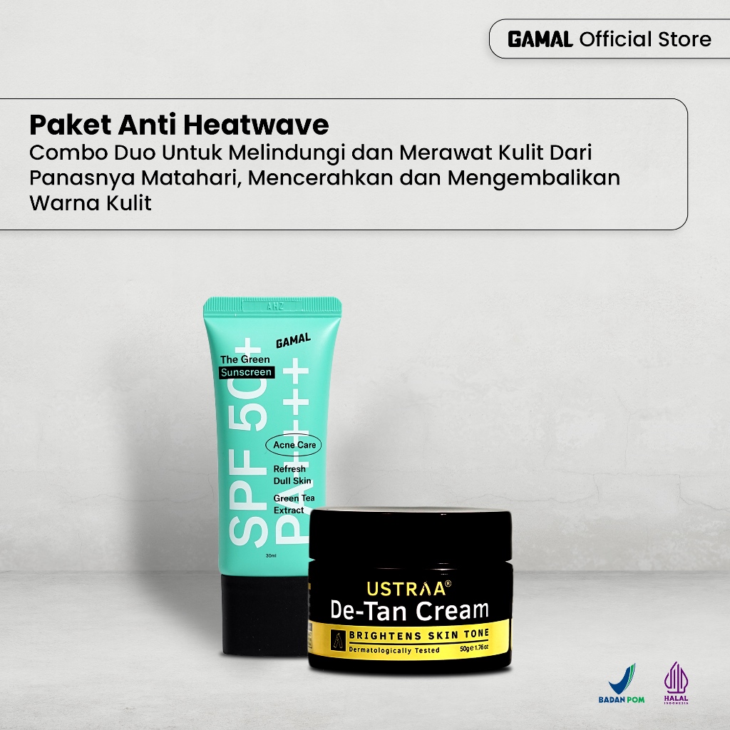 GAMAL | Paket Anti Heatwave | Ustraa De-Tan Cream 50gr & The Green Sunscreen 30ml SPF 50+ PA++++ | C