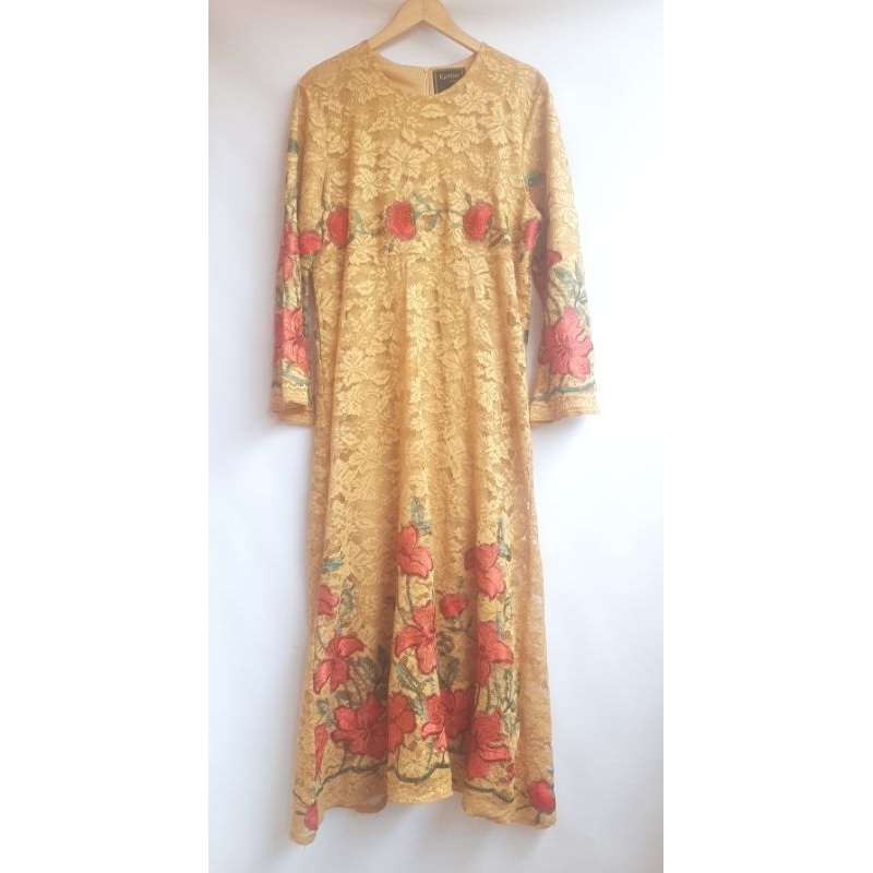 Gamis Brukat Brokat Motif Mawar Rose Bunga Warna Kuning Kungit Pakaian Muslimah Abaya Kebaya Long Dr
