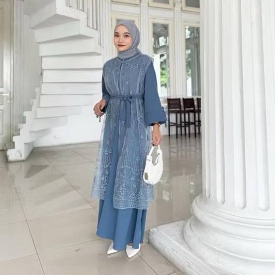 Gamis Denim 2in1 Inner Syakila Mix Outer Brukat lace Dress Mewah Elegant Cocok Buat Pesta Kondangan