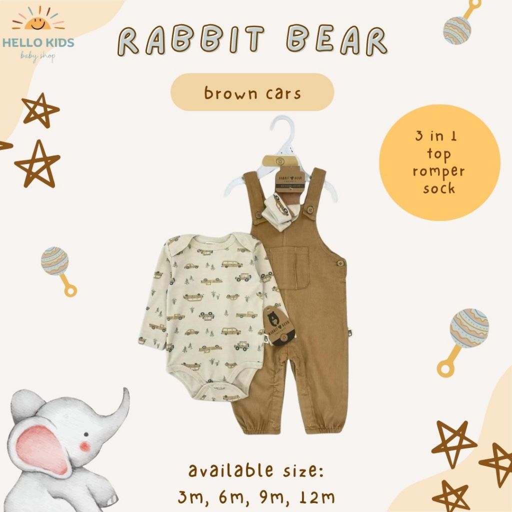Hellookids Rabbit+Bear Set Jumper Bodysuit 3in1 / Baju Set Kodok Bayi Anak Laki laki / Kado Lahiran 