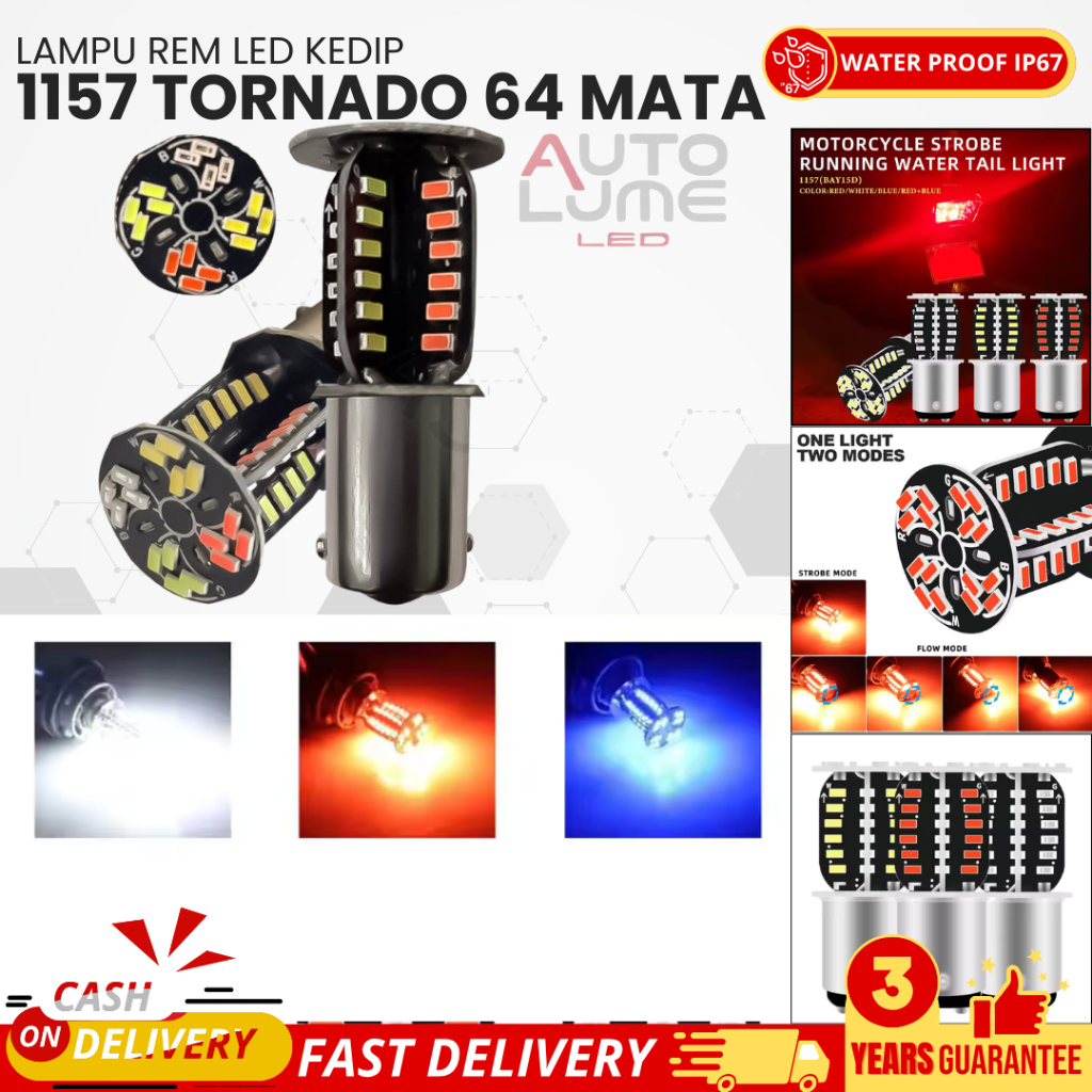 Autolume Lampu LED Rem Belakang Rotari Motor & Mobil – Strobo RGB 64 Mata, Super Terang & UNIVERSAL