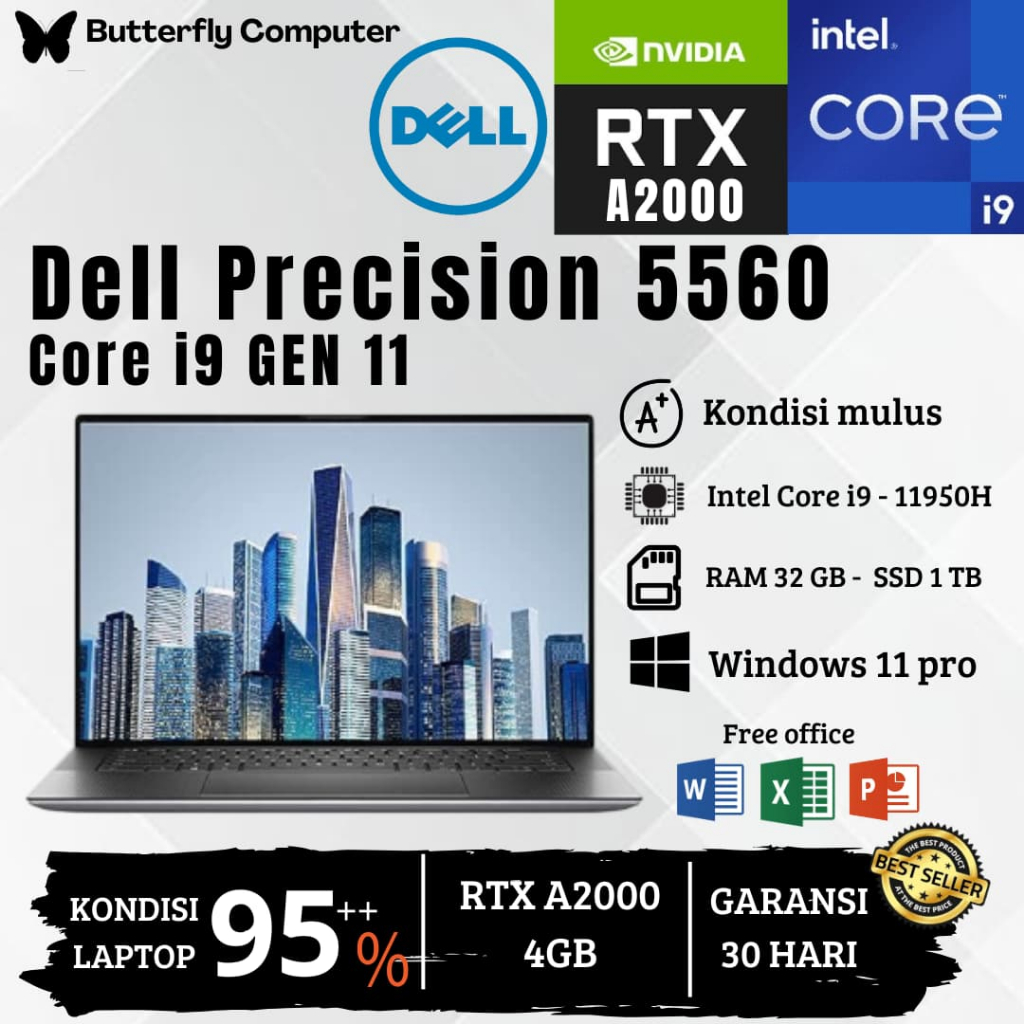 Laptop Dell Precision 5560 WorkStation Core i9 Gen 11th - RAM 32GB SSD 1TB - VGA QUADRO RTX A2000 4G