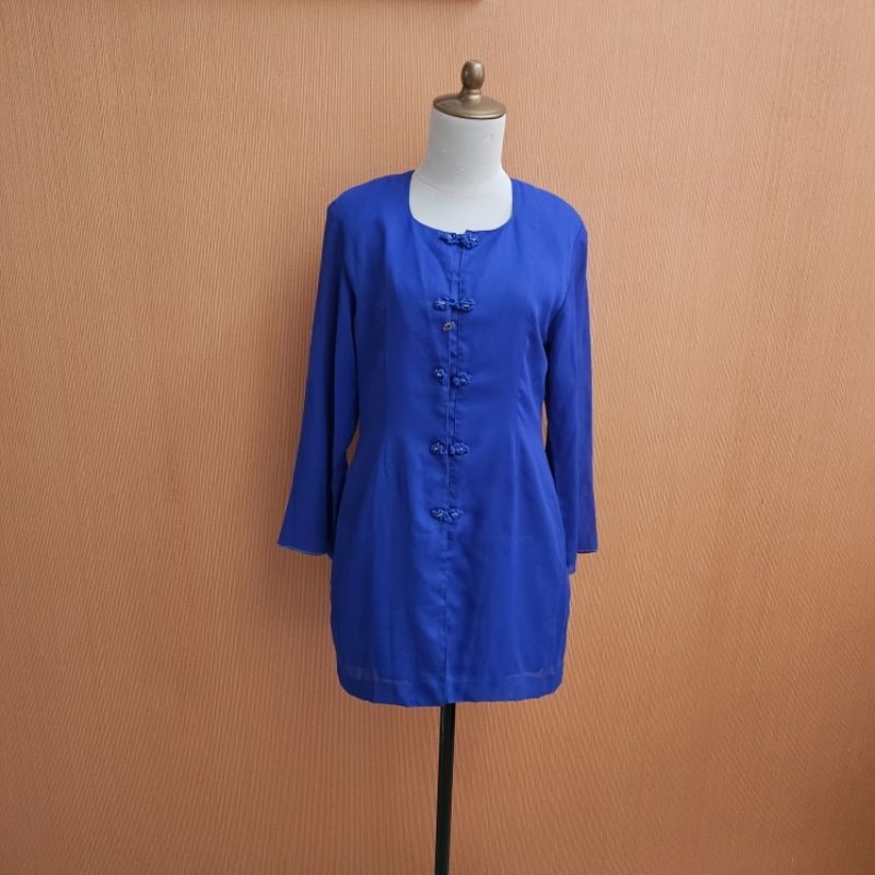 atasan kebaya wanita birel biru elektrik krah model cheongsam