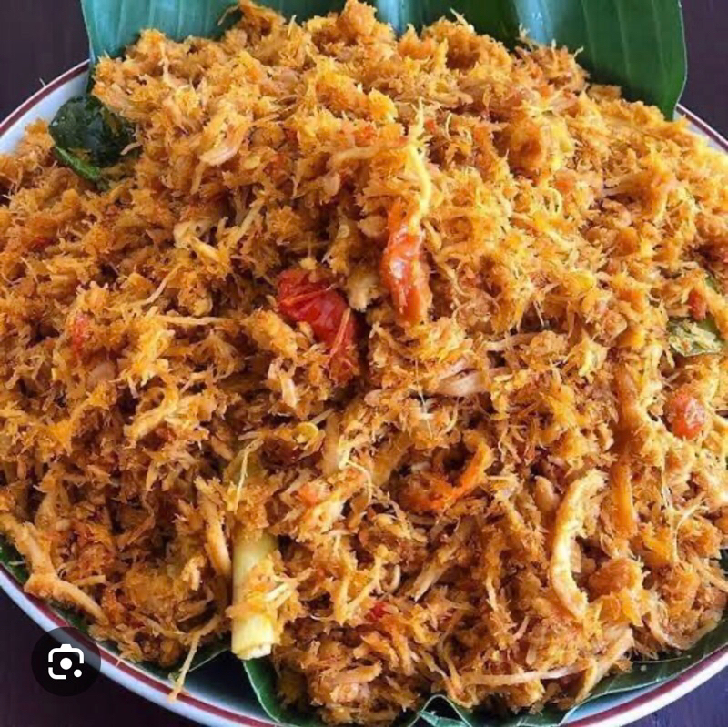 

serundeng kelapa ayam suwir dengan rasa sedikit pedas kemasan pouch 250g