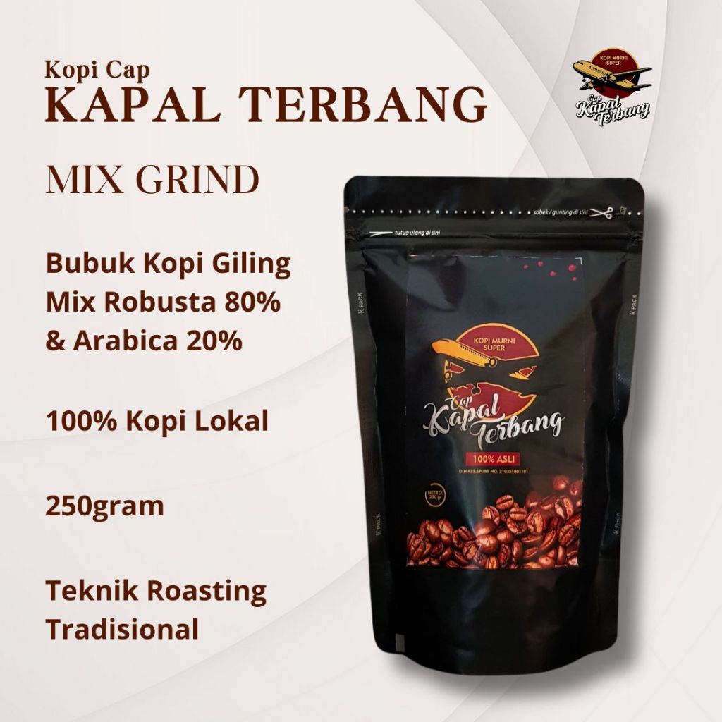

Kopi Bubuk Mix Robusta 80% & Arabica 20% – Kapal Terbang | 250gr | Gilingan Halus / Medium / Kasar