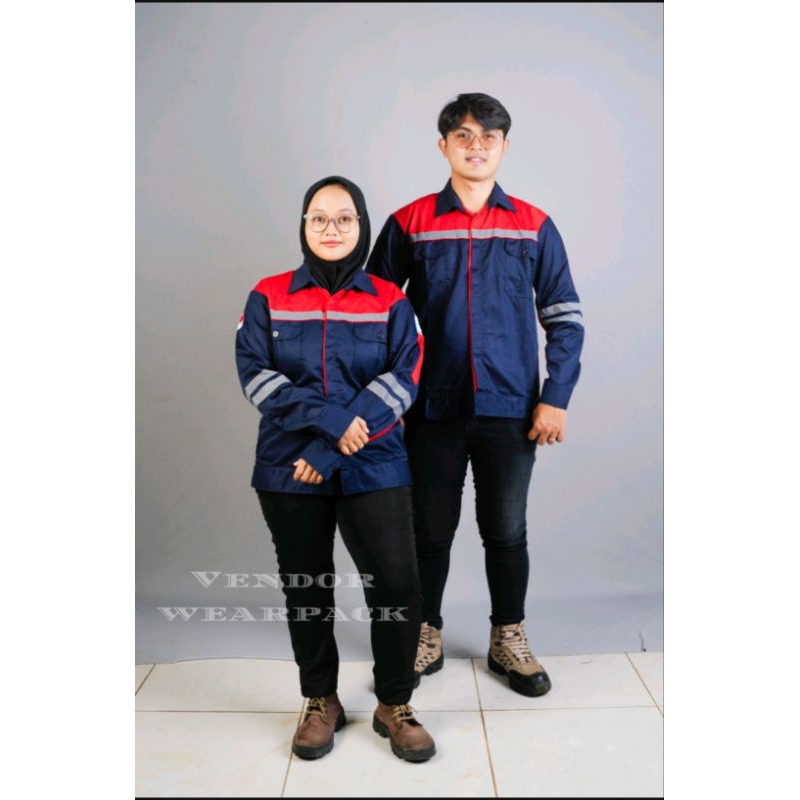 Wearpack Safety Atasan Navy Merah Lengan Panjang Full Kancing