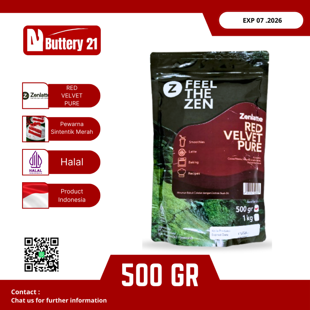 

ZENLATTE RED VELVET PURE 500 GR/PEWARNA SINTETIK MERAH/BUBUK RED VELVET/FEEL THE ZEN