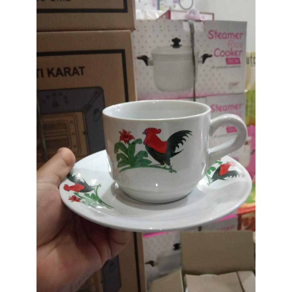 GELAS CANTIK; CANGKIR SET AYAM JAGO 6 CANGKIR + 6 TATAKAN / SET CANGKIR KOPI TEH KERAMIK
