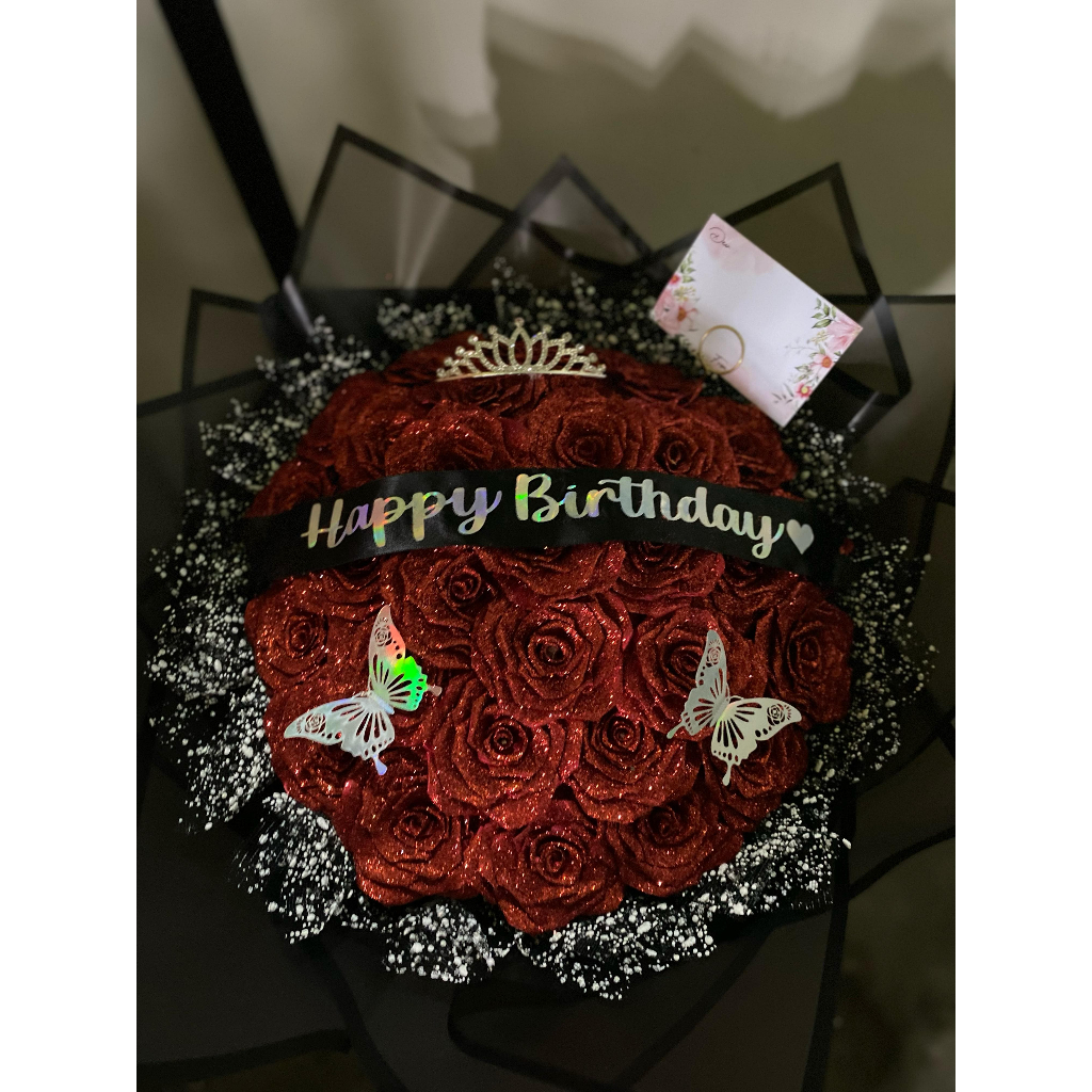 

ready buket bunga pita satin MERAH gliter hadiah wisuda ulang tahun valentine anniv viral