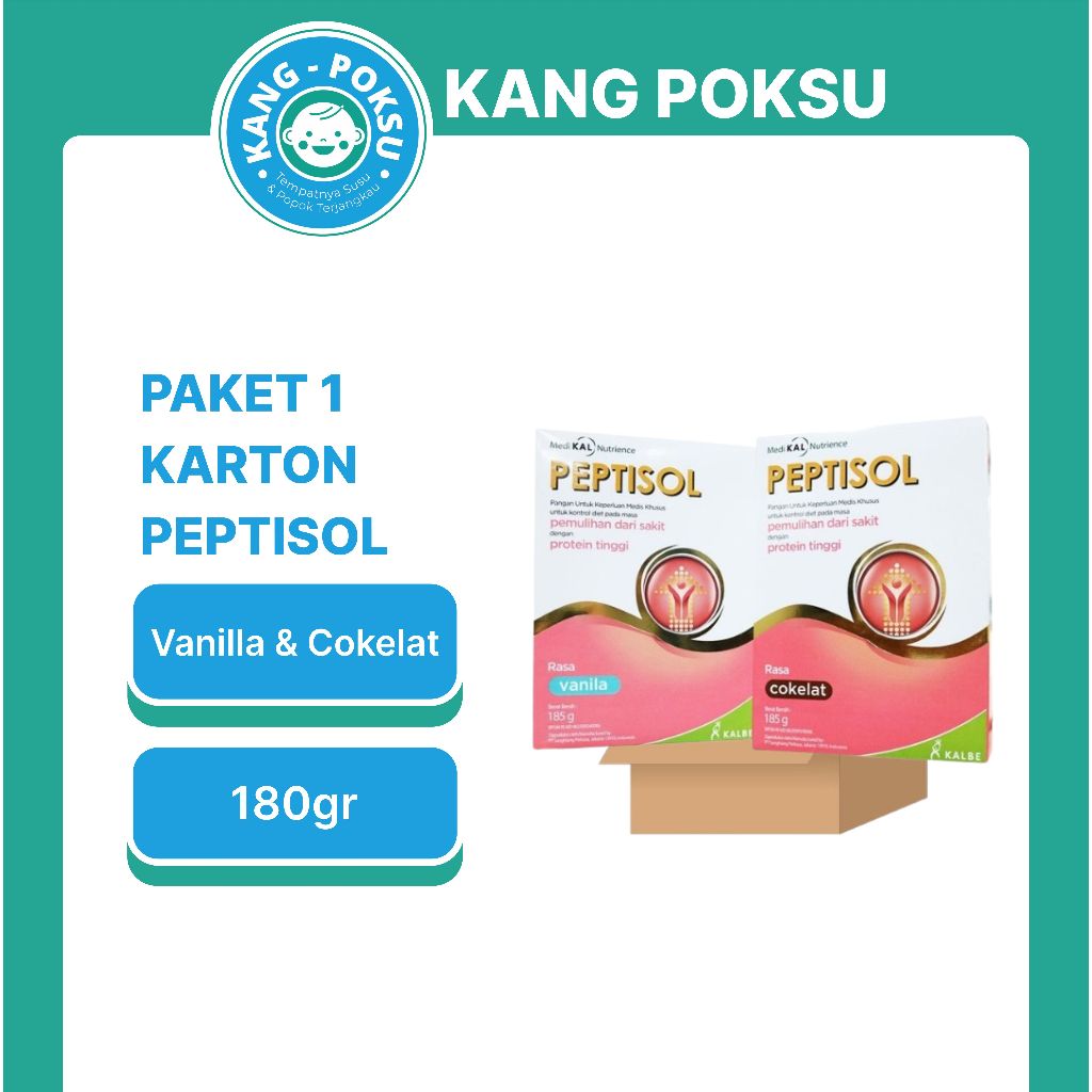 

PAKET 1 KARTON / 24 PCS PEPTISOL VANILA COKLAT 180GR NUTRISI TINGGI PROTEIN RENDAH RESIDU KPS SSKD