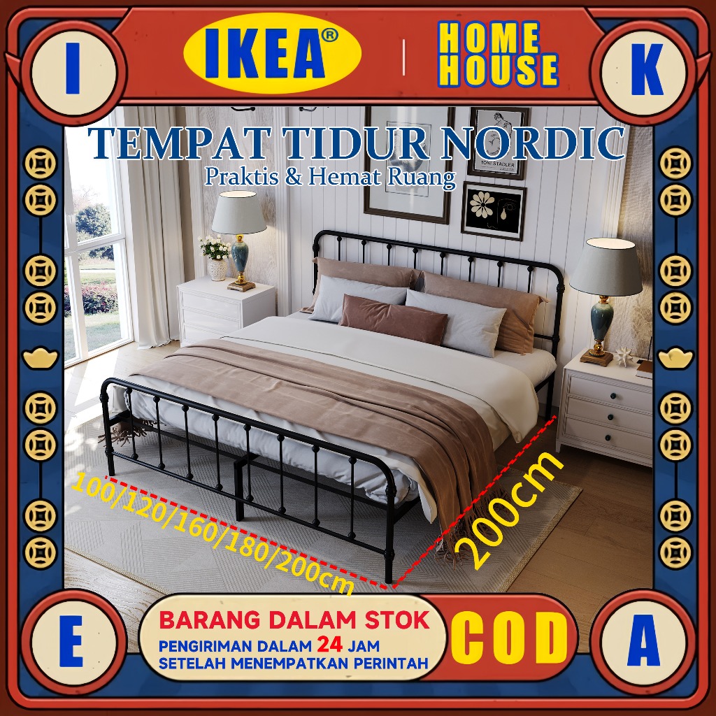 IKEA Tempat Tidur Besi / Dipan Kasur 160x200/Kartu Garansi 1 Tahun Ranjang Besi Rangka Tempat Tidur 