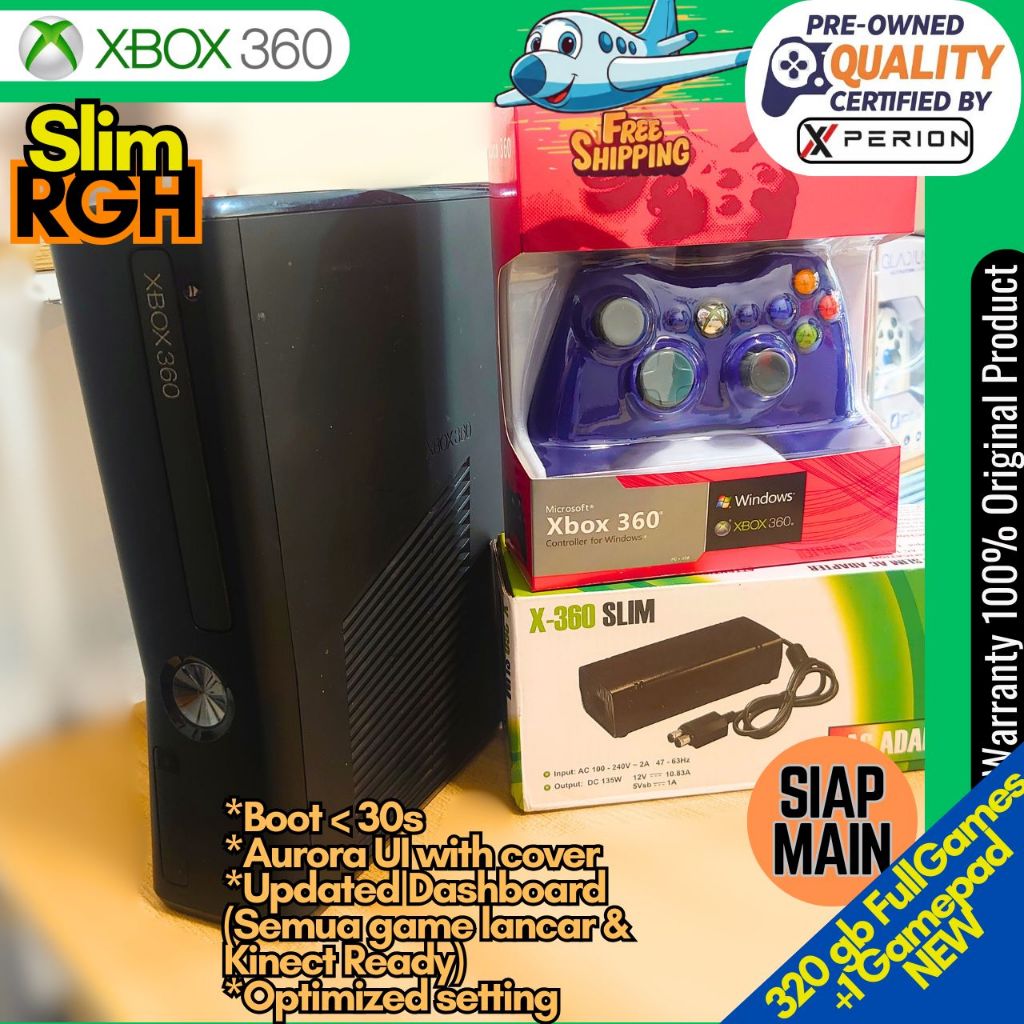 XBOX 360 Slim RGH Aurora komplit 1TB Full game bekas mulus