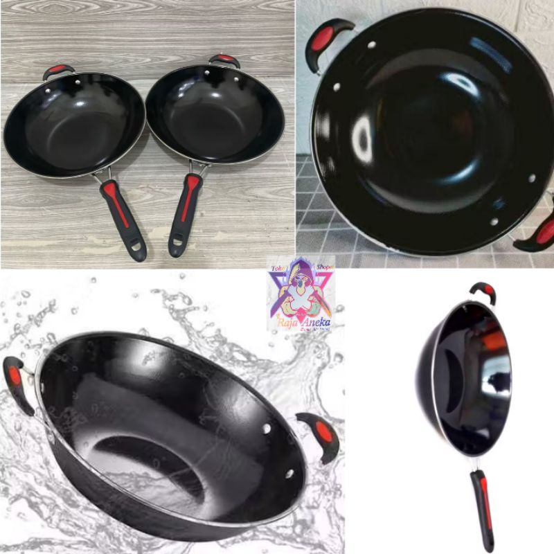WAJAN ENAMEL TEBAL UKURAN 34CM / WAJAN HITAM ENAMEL GAGANG DAN KUPING
