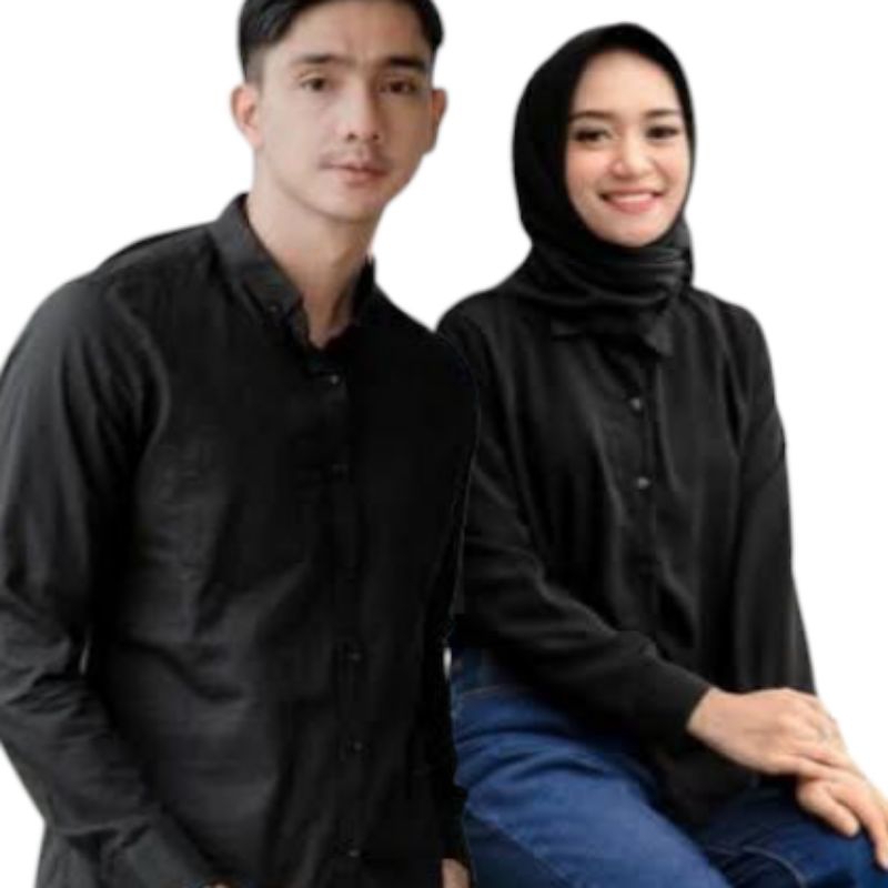Kemeja Couple Polos Baju Pasangan Wanita Pria Lengan Panjang hitam