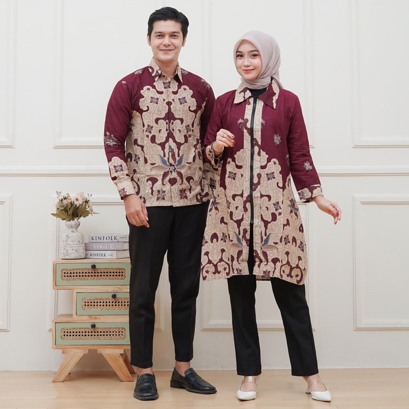 Sarimbit Batik Couple Merah Maroon burgundy Mega Mendung Atasan Tunik batik Wanita Kemeja Panjang Pr