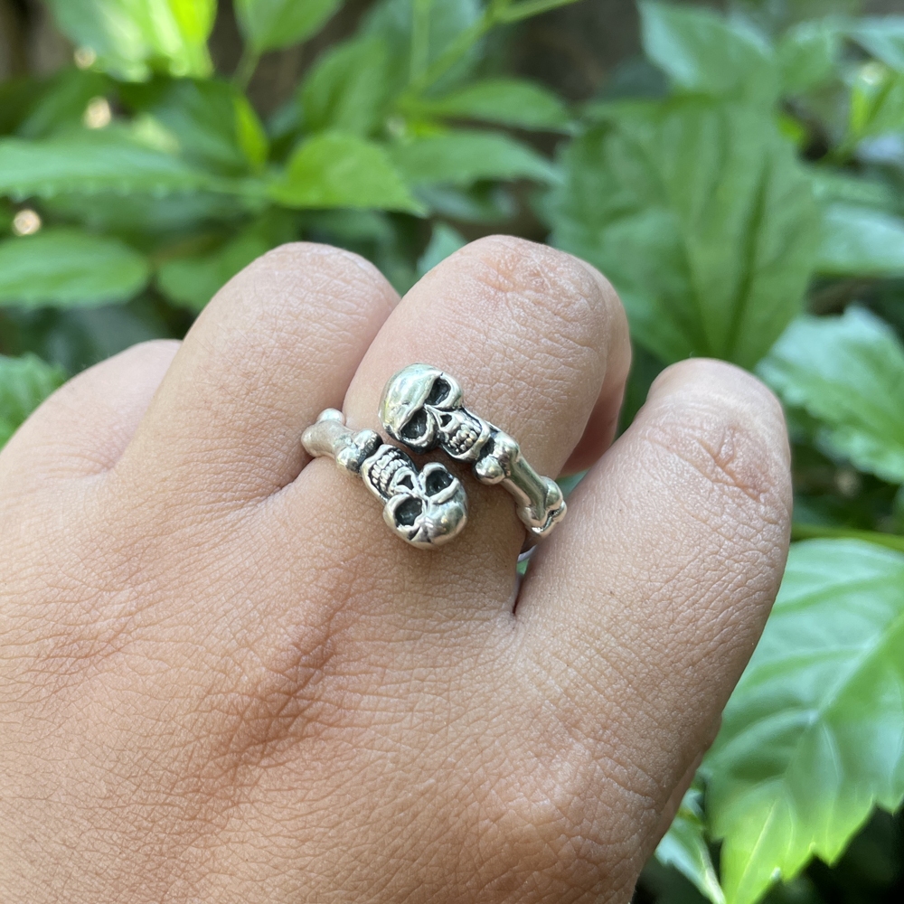 Cincin Ring Perak silver Bali Asli 925 Ukir Tengkorak Skull Tulang Bone Universal Wanita Pria Laki C