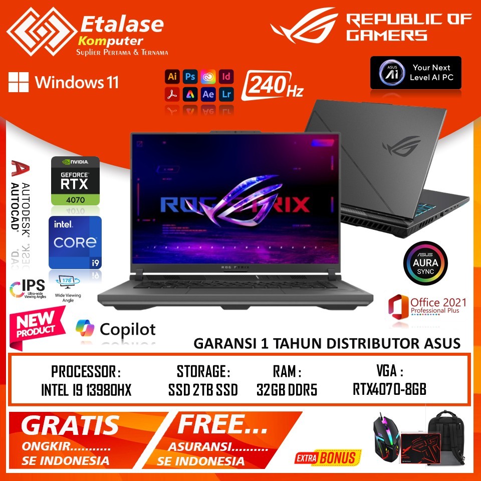 Laptop Gaming Terbaru Asus Rog Strix G16 G614JI Intel I9 13980HX RTX4070-8GB 32GB 2TB Win11home Ori