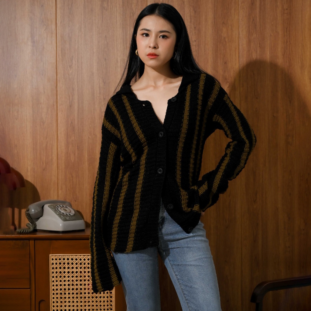 SUETERCLOTH - Nagoya longsleeve Knit Cardigan / Cardigan Wanita Berkerah Premium / Cardigan Stripes 