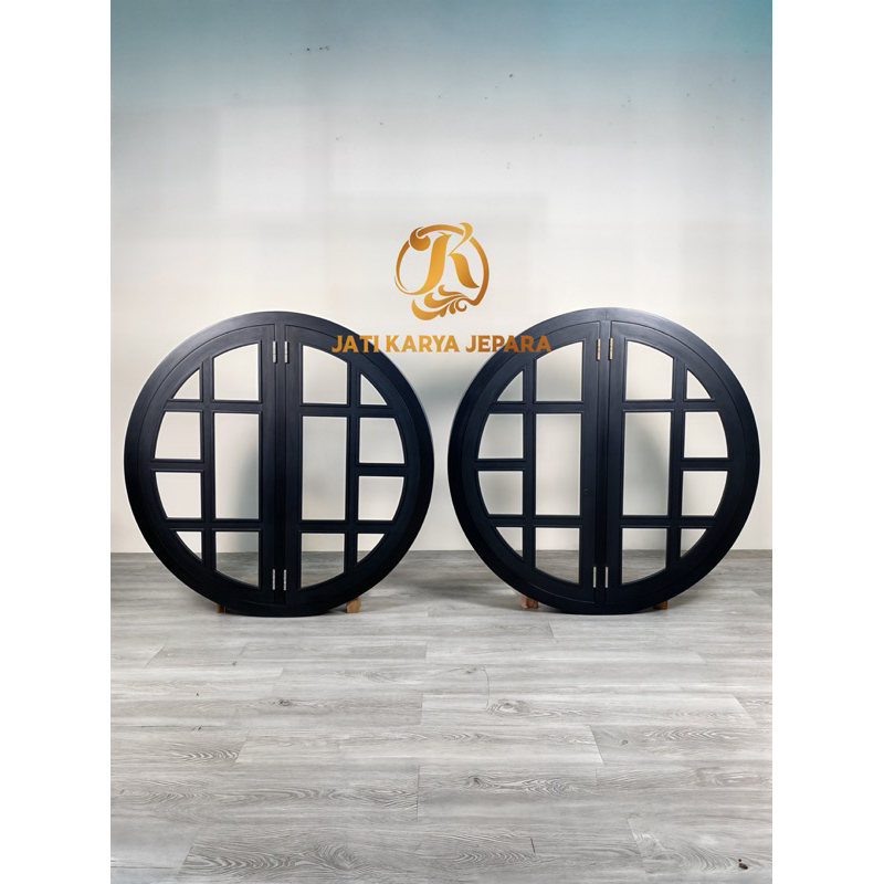 Kusen Jendela Bundar Minimalis Black 120cm 12x6cm Buka Pintu 2 Kayu Jati Solid Bergaransi Free Ongki