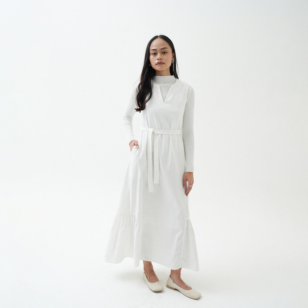 Queensland Gathered Vest Dress Lengan Panjang LIN000548Q Offwhite