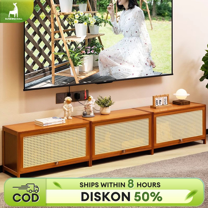 Kabinet TV Bambu Modular dengan Pintu Kaca dan Anyaman