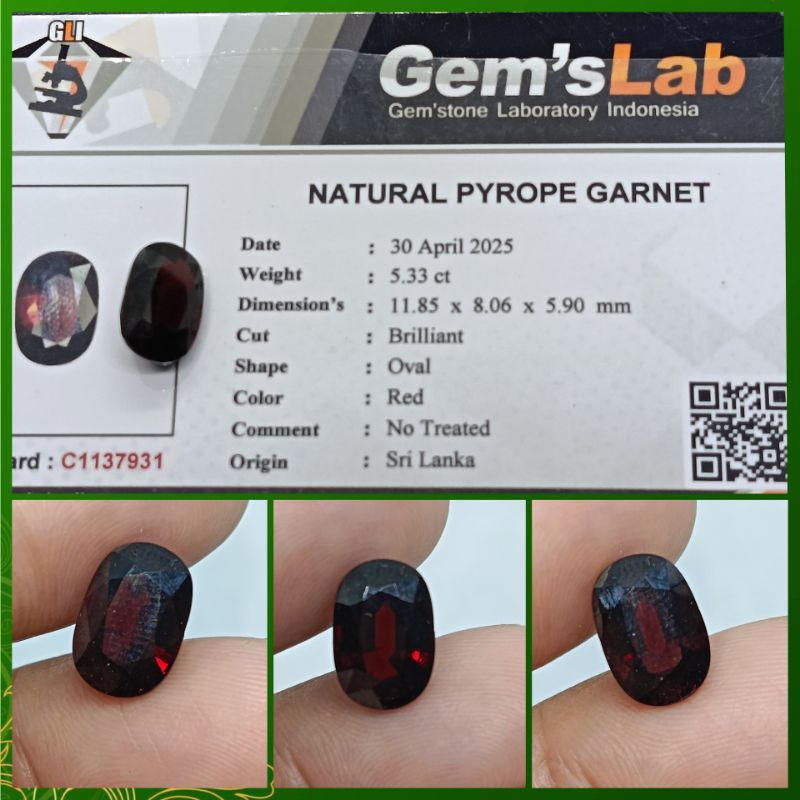 Natural Pyrope Garnet 5,3ct Sri Lanka memo GLI Luster