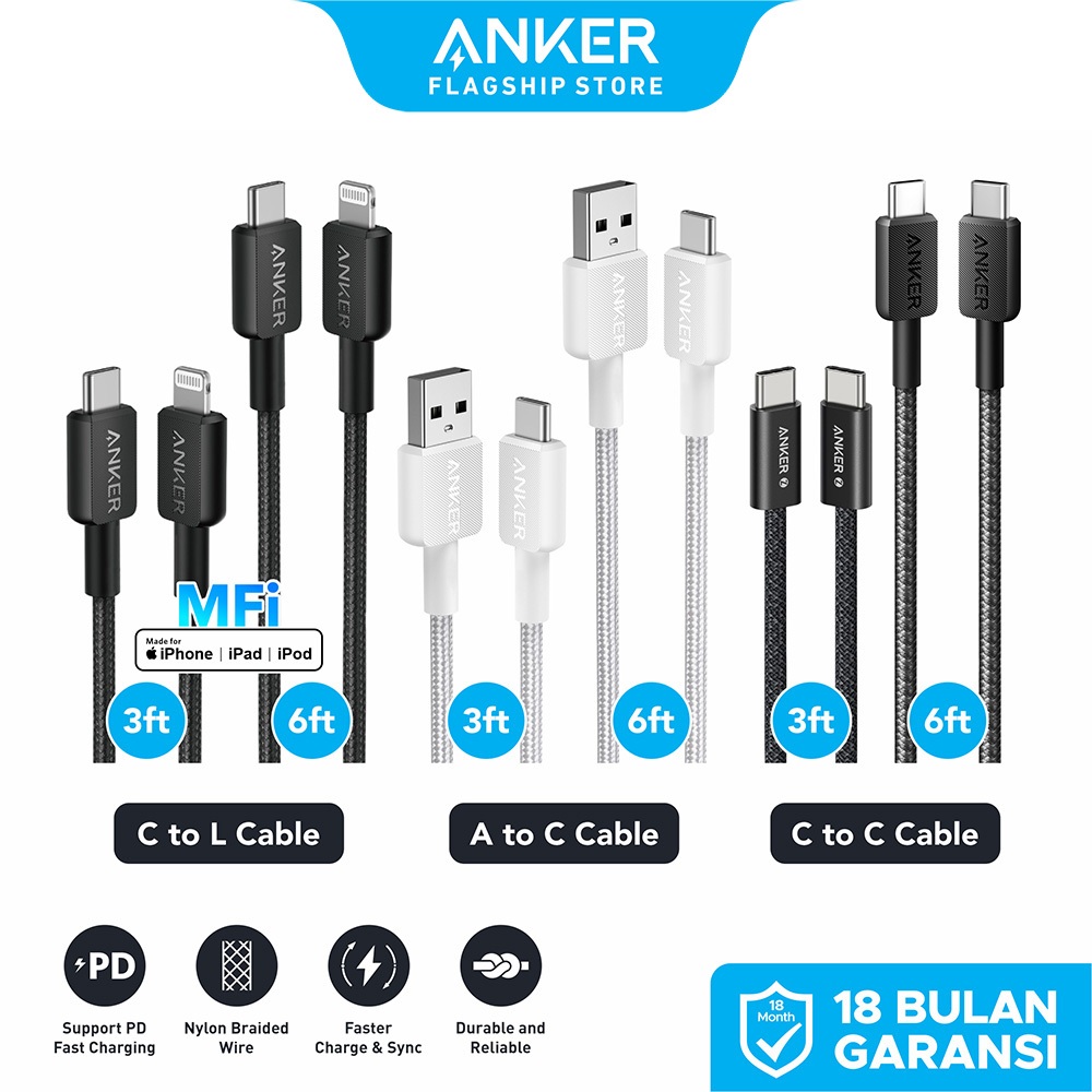 Anker Fast Charging Kabel Charger MFi iPhone X 11 12 13 14 15 16 PD Type C to C USB A and Lightning 