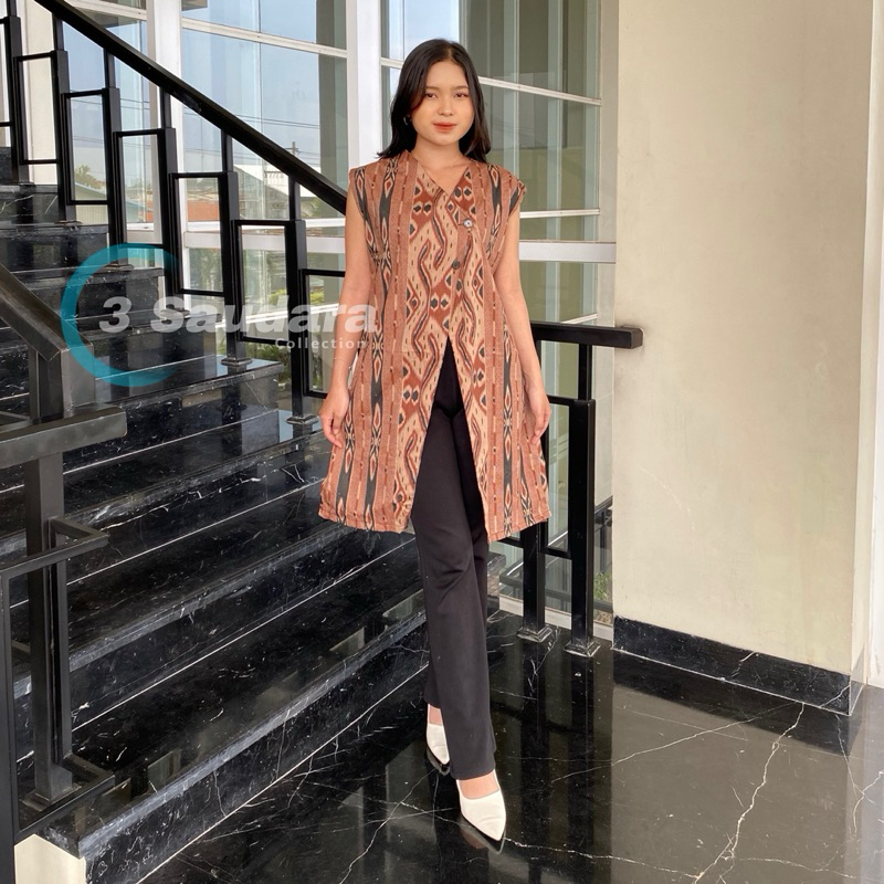 Terbaru Long Cardi Batik Atasan Wanita Modern Outer Panjang Tanpa Lengan