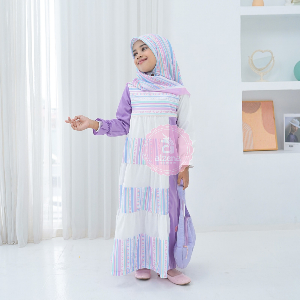 Alzena Kids-  Baju Muslim Anak Perempuan Katun Belvia 10 - 13 Tahun Lilac Series